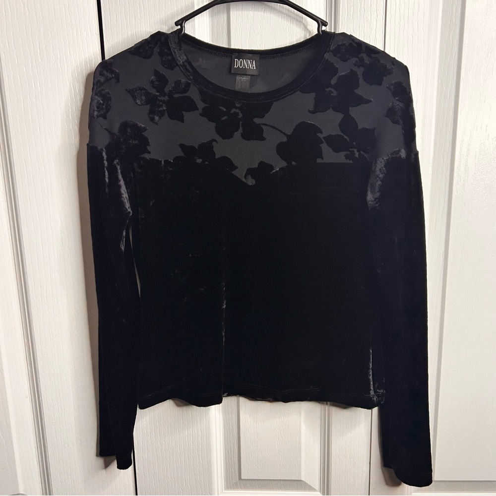 Donna Women’s Black Velvet Floral Crewneck Long Sleeve Blouse Top‎ Vintage SP